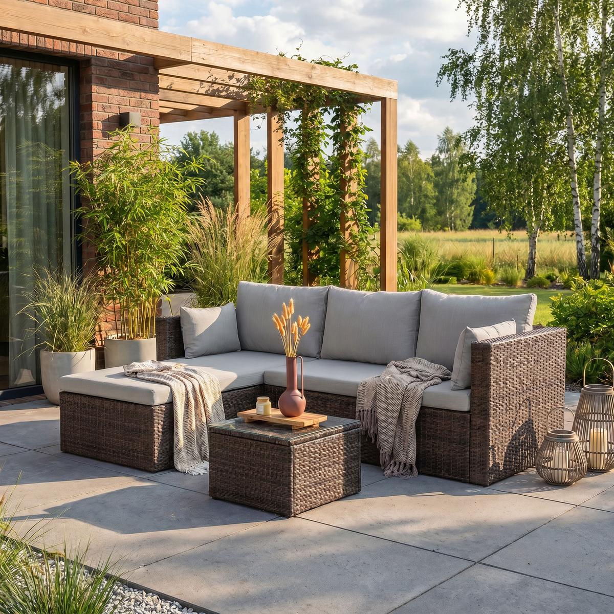 GARTENSET Sevilla, aus Technorattan, Ecksofa mit Couchtisch, Braun - Braun, Kunststoff - Beautysofa