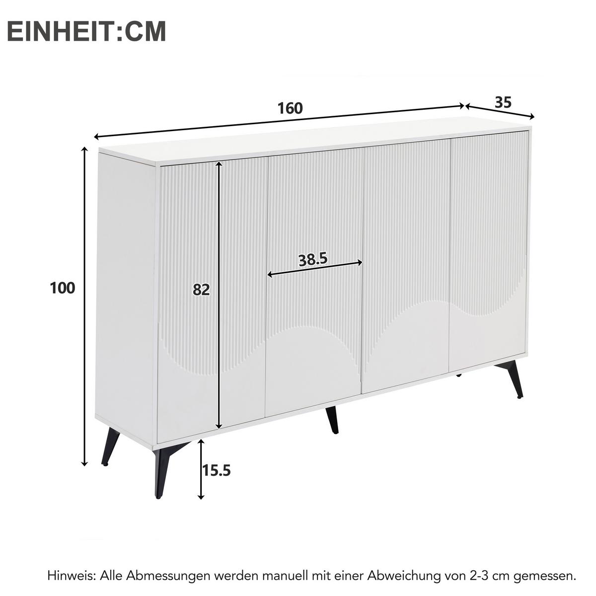 SIDEBOARD weiß & 3d-rillen-design mit 4 türen - Weiß, Holzwerkstoff (160/100/35cm) - Urban Meuble