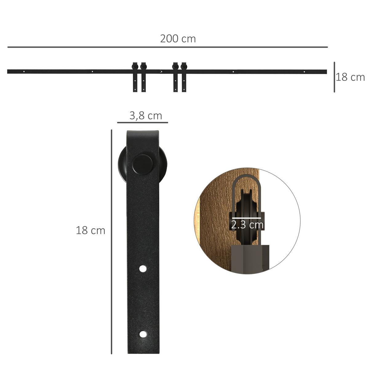SCHIEBETÜRSYSTEM Laufschiene für doppelte Holztüren Kohlenstoffstahl Schwarz - Schwarz, Metall (0.6/18/200cm) - HOMCOM