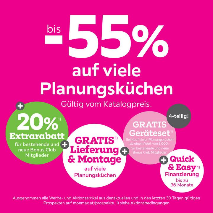 bis -55% auf viele Planungsküchen + 20% Extrarabatt für bestehende und neue Bonus Club Mitglieder + Gratis Lieferung & Montage auf viele Planungsküchen