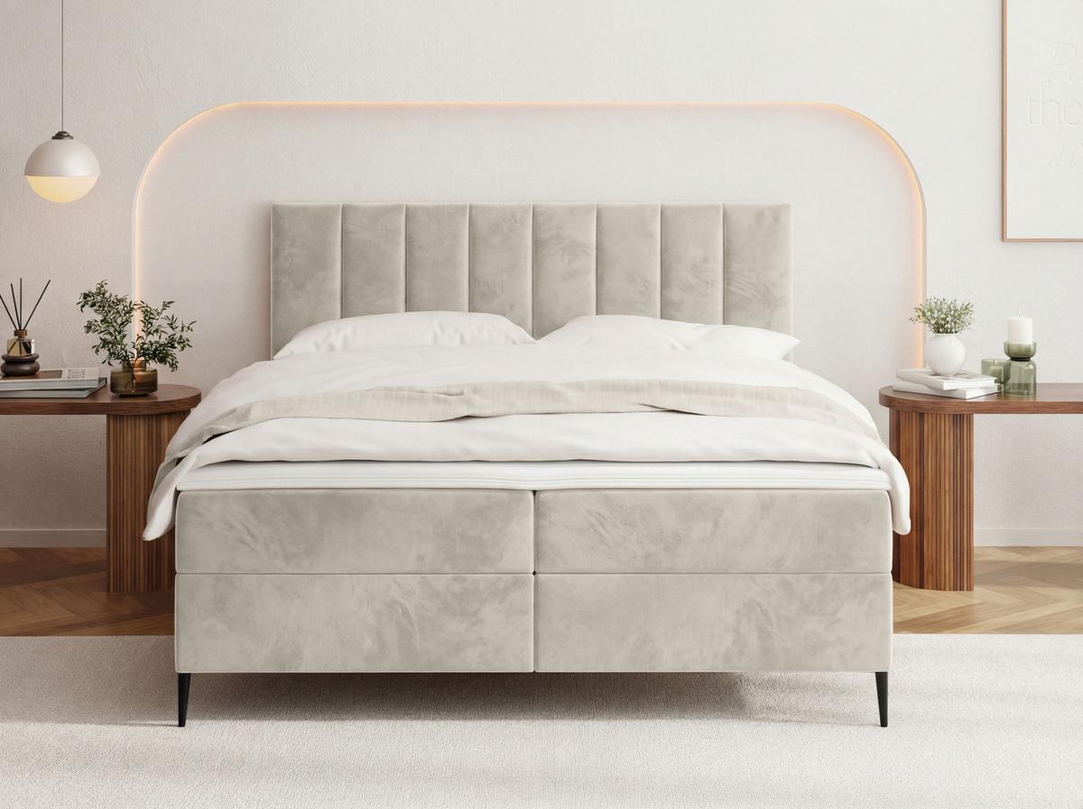 BOXBETT Allen mit Bettkasten, Samt Creme 120x200 cm – inkl. H4 Taschenfederkern Matratze & Foam Topper - Beige/Creme, Textil/Metall (120/200cm) - WFL GROUP