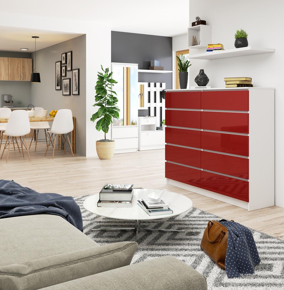KOMMODE Weiß, Rot Glanz 121/138/40 - Weiß, Holzwerkstoff (138/121/40cm) - RAUMHIRSCH FURNITURE