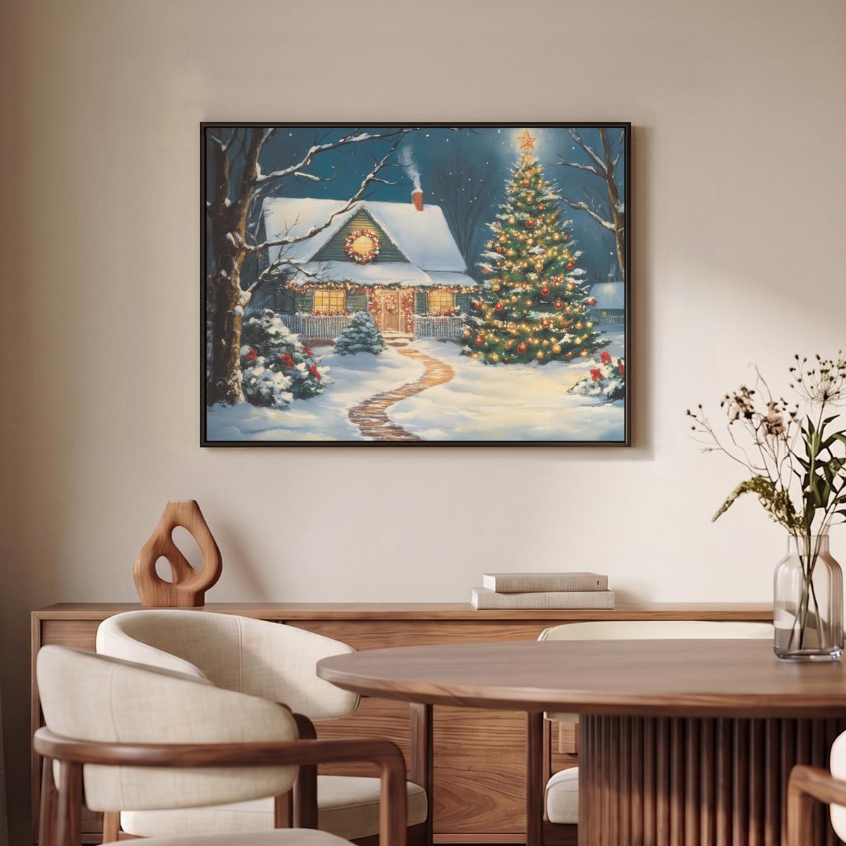 LEINWAND Bilder mit Rahmen - Weihnachten - Weihnachtsbaum - Winter - Zuhause - Schnee - 80x60 - Smaragdgrün, Textil (80/60cm) - MuchoWow