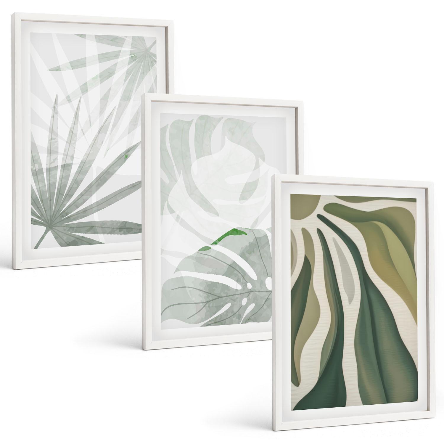 BILDER SET 3er Set - 40x60 cm Weißer Rahmen - Blätter von Pflanzen in Grün und Grau - Weiß, Kunststoff (40/60cm) - TULUP