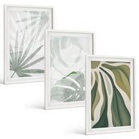 BILDER SET 3er Set - 40x60 cm Weißer Rahmen - Blätter von Pflanzen in Grün und Grau - Weiß, Kunststoff (40/60cm) - TULUP