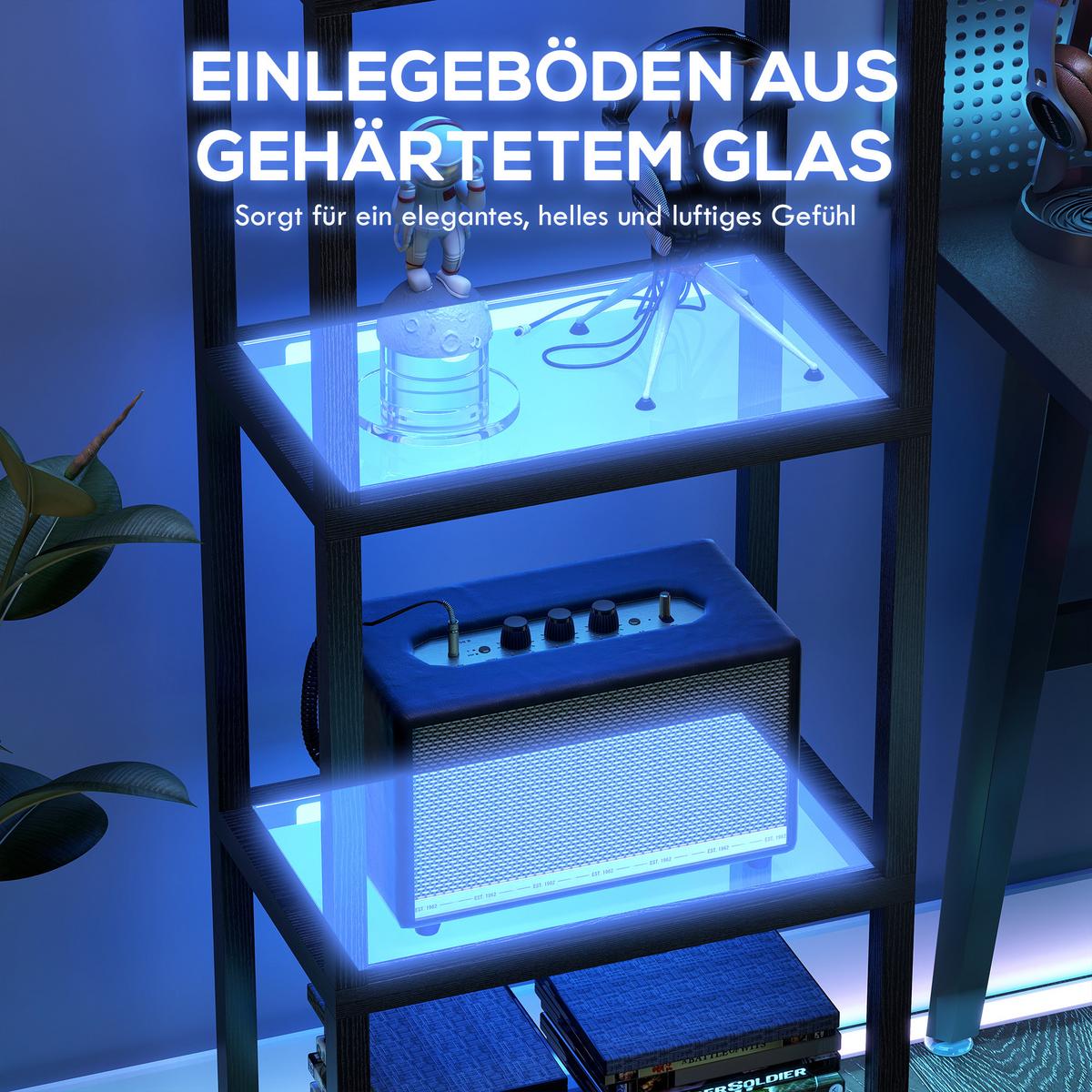 RGB Stehlampe mit Glasregalen, 4-Ebenen-LED-Stehleuchte mit Fernbedienung - Schwarz, Holzwerkstoff (45/29/157cm) - HOMCOM