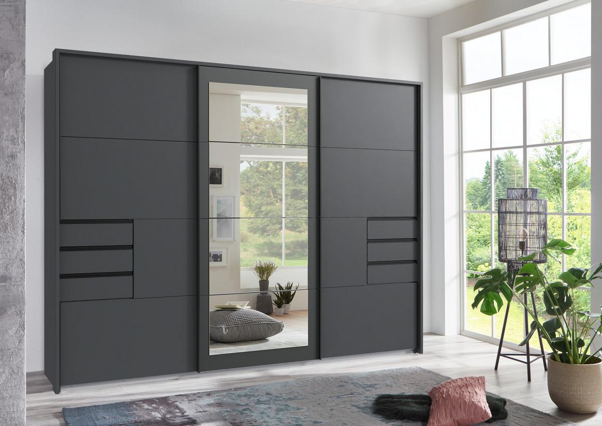 SCHWEBETÜRENSCHRANK 3-türig B273/H213/64 cm in Grafit mit Passepartout & Spiegel & Schubladen, Kleiderschrank inkl. Vollausstattung / 22504 - Blau/Graphitfarben, Holzwerkstoff/Metall (273/213/64cm) - luma-home