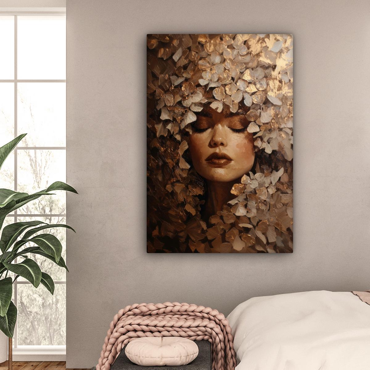 LEINWANDBILD Gesicht - Dame - Blätter - Pinselstriche Deko XXL 80x120 cm - Goldfarben, Textil (80/120cm) - MuchoWow