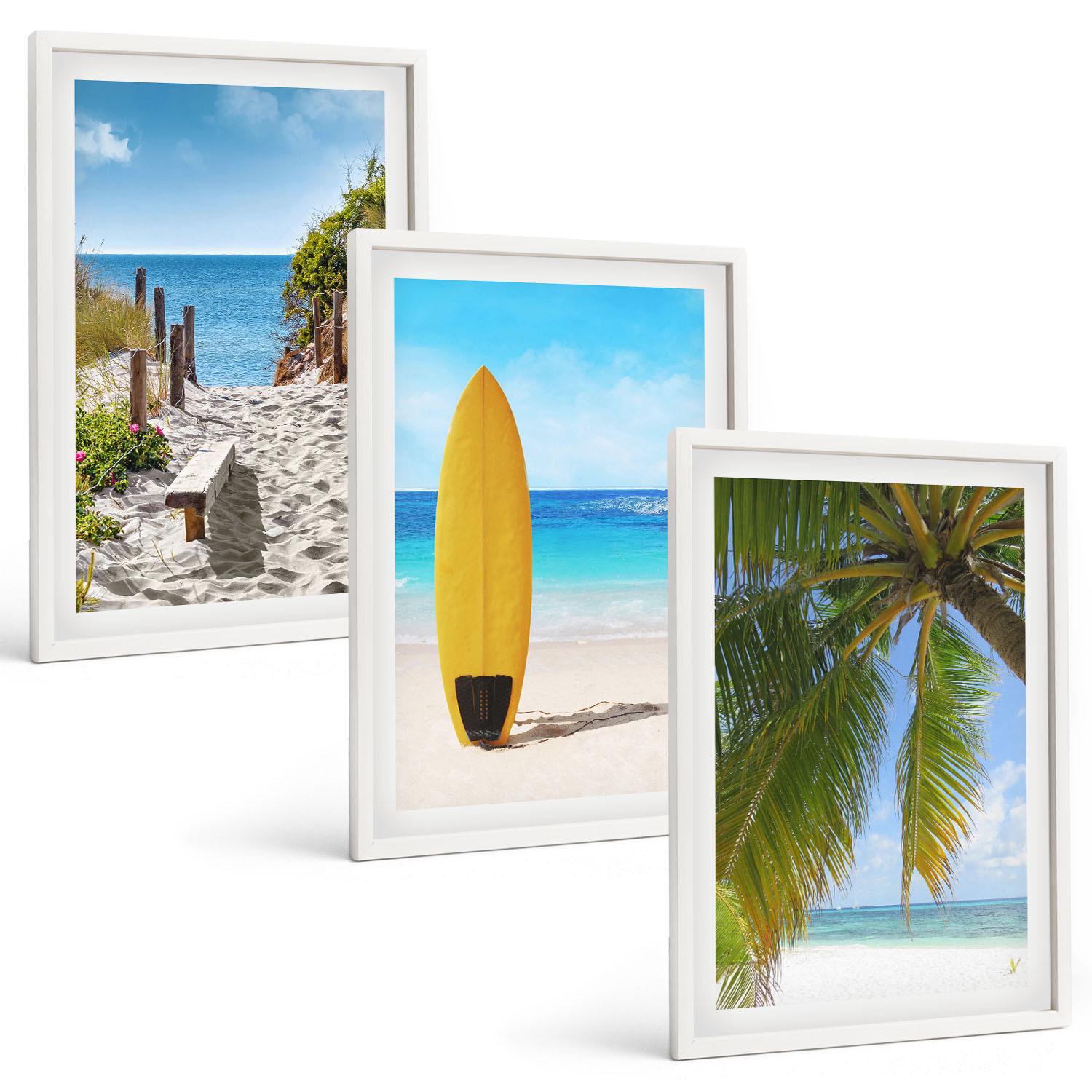 BILDER SET 3er Set - 40x60 cm Weißer Rahmen - Urlaubsstrände, Wellen, Palmen - Weiß, Kunststoff (40/60cm) - TULUP