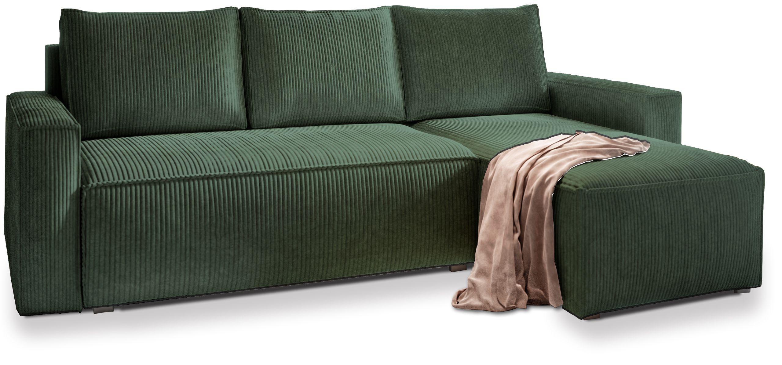 ECKSOFA POTARO Grün Kordstoff mit Schlaffunktion - Grau/Grün, Holz/Kunststoff (232/140cm) - MASSENO