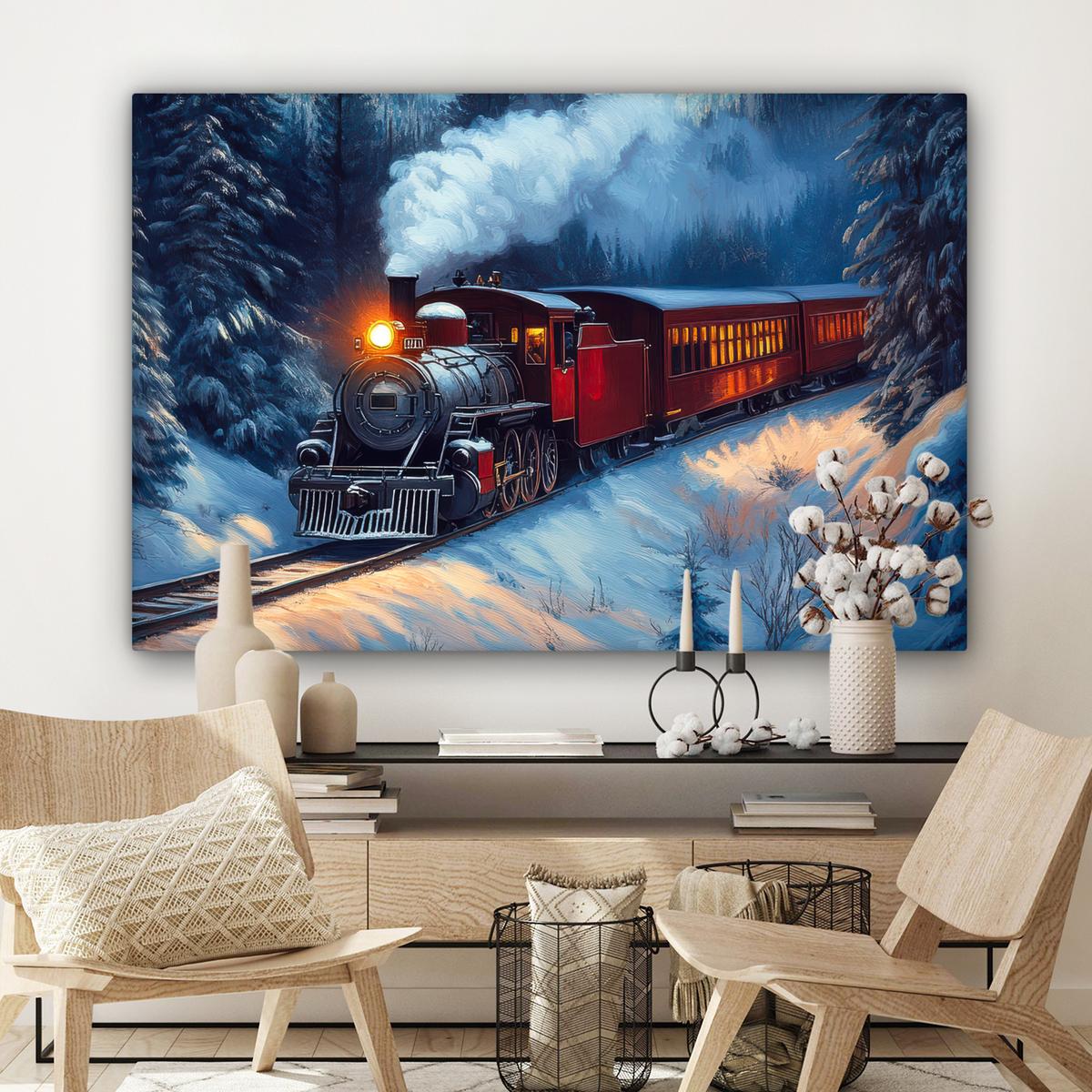 LEINWANDBILD Zug - Weihnachten - Schnee - Weihnachtszug XXL 150x100 cm - Anthrazit, Textil (150/100cm) - MuchoWow