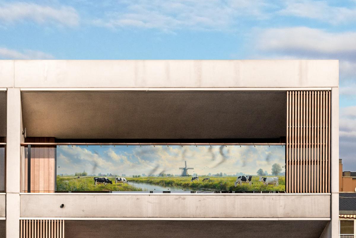 BALKON-SICHTSCHUTZ Kühe - Windmühle - Wiese - Blau Groß 500x95 cm - Grün, Kunststoff (500/95cm) - MuchoWow