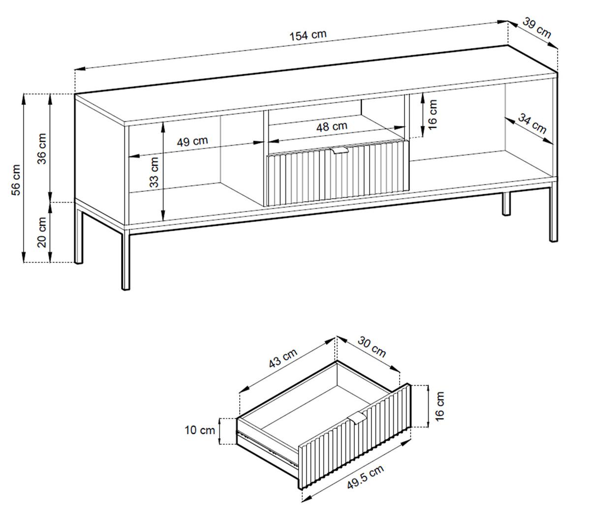 LOWBOARD Eternas 2T 1S Grau 154/56/39 cm – schwarze Füße, mit geriffelten Fronten und offener Ablage - Schwarz/Grau, Holzwerkstoff (154/56/39cm) - AX Living