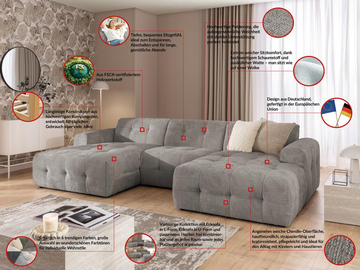 WOHNLANDSCHAFT inkl. Hocker Kozy im Bumpy-Design mit Schlaffunktion und fester Rückenlehne aus weichem Taupe Chenille-Stoff - Taupe/Schwarz, Holz/Kunststoff (323/79/161cm) - S-Style