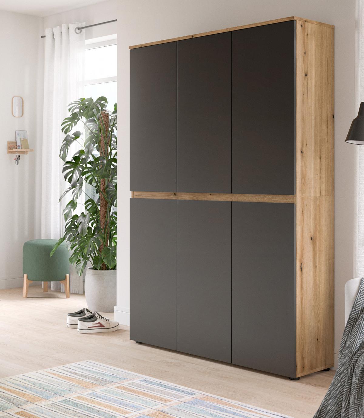 MEHRZWECKSCHRANK grau, Evoke Eiche 105 x 175 cm, Stauraumschrank 6-türig mit 18 Fächern - Eichefarben/Schwarz, Holzwerkstoff/Kunststoff (105/175/37cm) - Inn.Furn