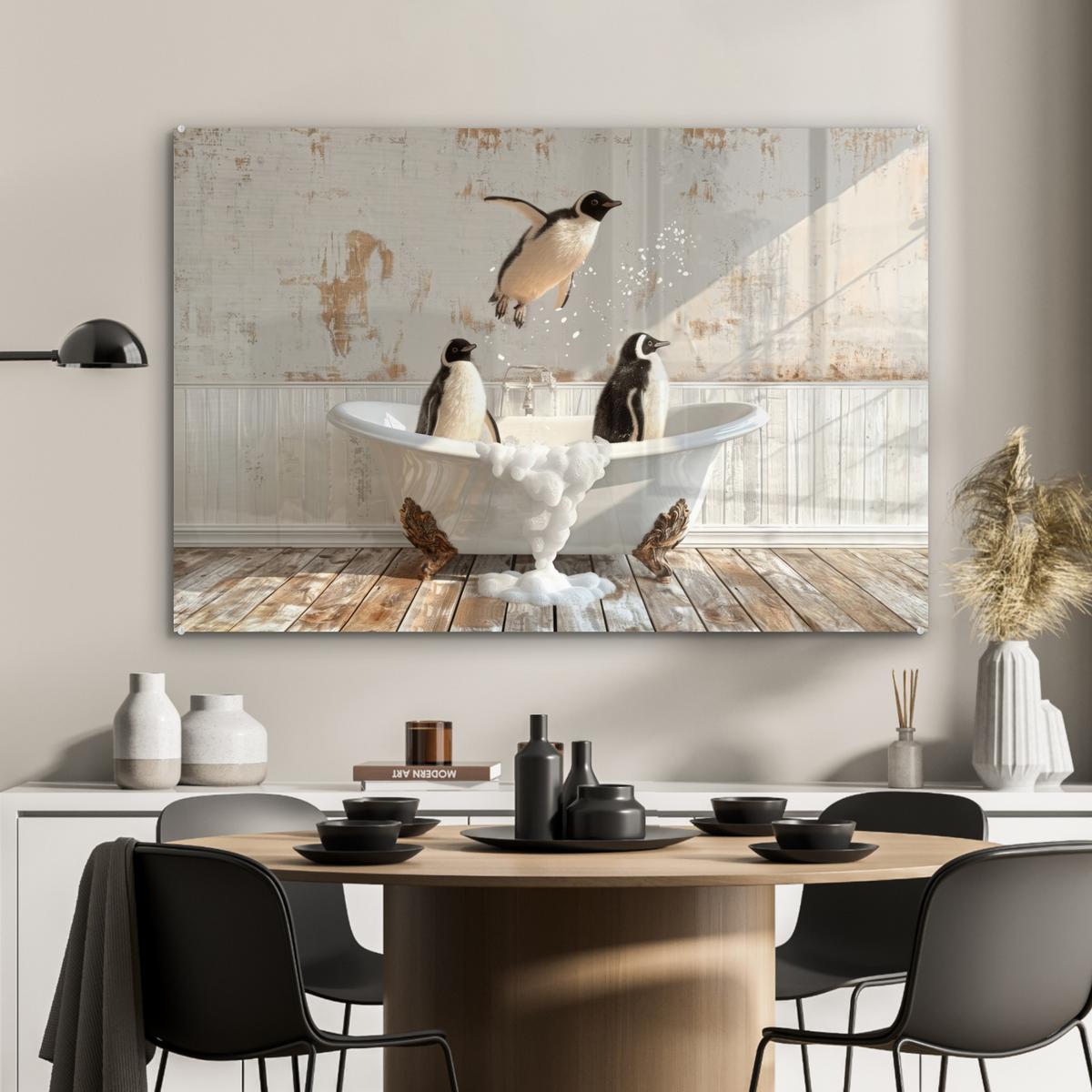 ACRYLGLASBILD Vintage - Pinguin - Badewanne - Schaumstoff Room Decor 90x60 cm - Schwarz, Glas (90/60cm) - MuchoWow