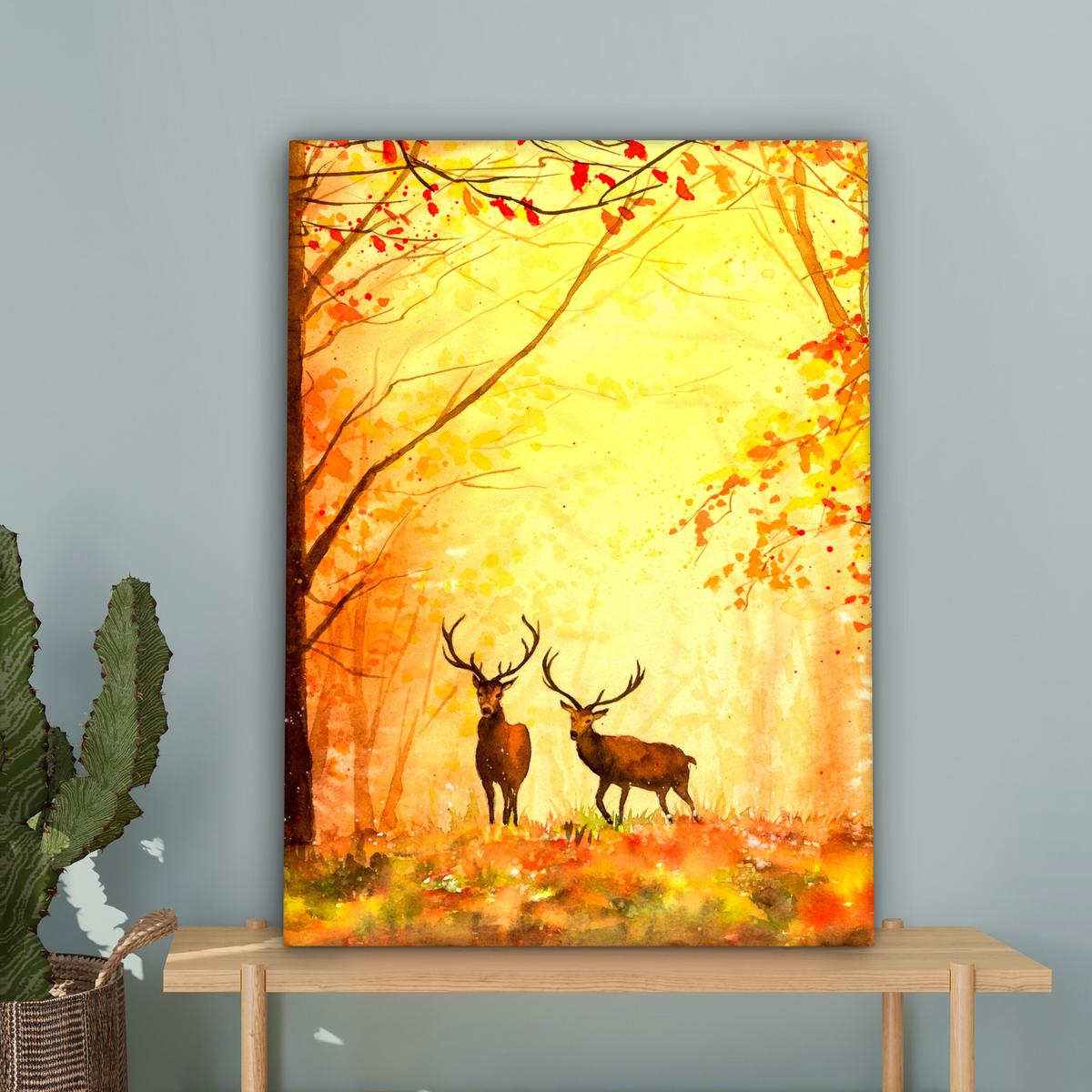LEINWANDBILD Natur - Ölfarbe - Hirsche - Tiere - Herbst - Orange Wandbild Wohnzimmer 60x80 cm - Orange, Textil (60/80cm) - MuchoWow