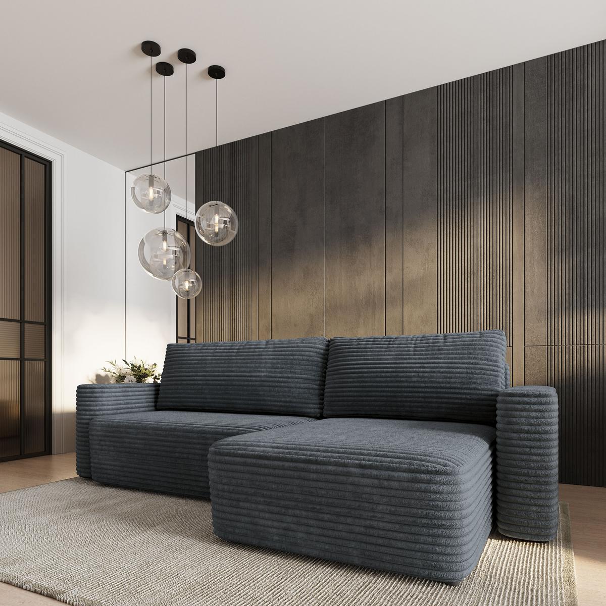 ECKSOFA TELIN Grau Kordstoff mit Schlaffunktion - Grau, Holz (280/162cm) - MASSENO