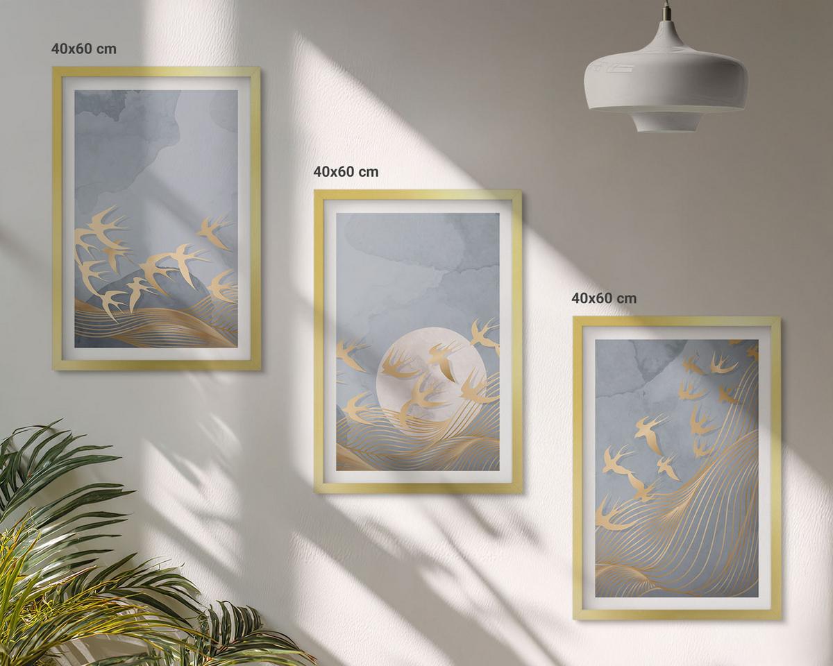 BILDER SET 3er Set - 40x60 cm Goldrahmen - Vögel, die am Himmel fliegen - Goldfarben, Kunststoff (40/60cm) - TULUP
