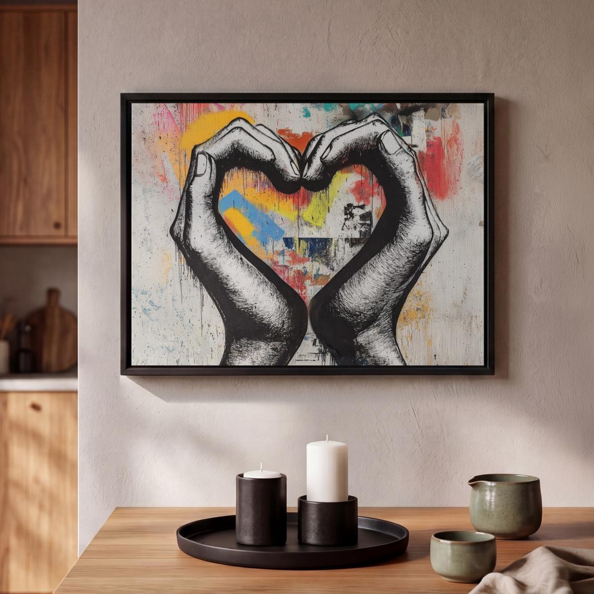 LEINWAND Bilder mit Rahmen - Hände - Herz - Straßenkunst - Graffiti - 40x30 - Multicolor, Textil (40/30cm) - MuchoWow