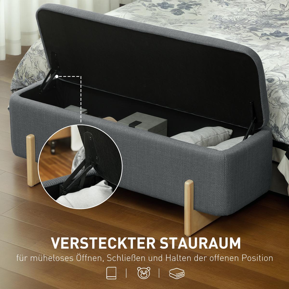 HOMCOM Sitzbank mit verstecktem Stauraum, gepolsterter Sitzfläche in Leinenoptik, Sicherheits-Scharniere, Holzbeine, Dunkelgrau - Dunkelgrau, Holz/Textil (44/44.5/111cm) - HOMCOM