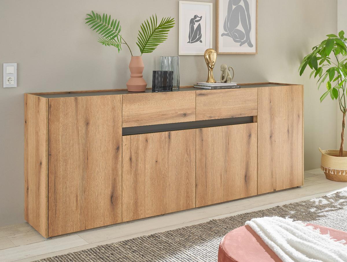 SIDEBOARD Evoke Eiche mit Grau, 4-türige Kommode 223 x 87 cm - Eichefarben/Silberfarben, Holzwerkstoff/Kunststoff (312/198/42cm) - Furn.Design