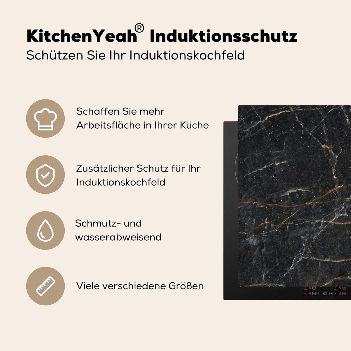 HERDABDECKPLATTE Marmor - Schwarz - Gold - Grau - Marmorstruktur Induktionsmatte 78x78 cm - Goldfarben, Kunststoff (78/78/0.2cm) - MuchoWow