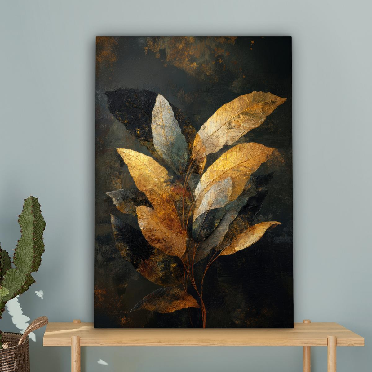 LEINWANDBILD Golden Leaf Komposition - Botanical Luxury Wanddeko 40x60 cm - Goldfarben/Schwarz, Textil (40/60cm) - MuchoWow