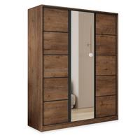SCHWEBETÜRENSCHRANK PINA 150/205/58 cm 3-türig mit Spiegel und Schubladen Eiche Lefkas - Eichefarben/Schwarz, Holzwerkstoff (150/205/58cm) - MASSENO