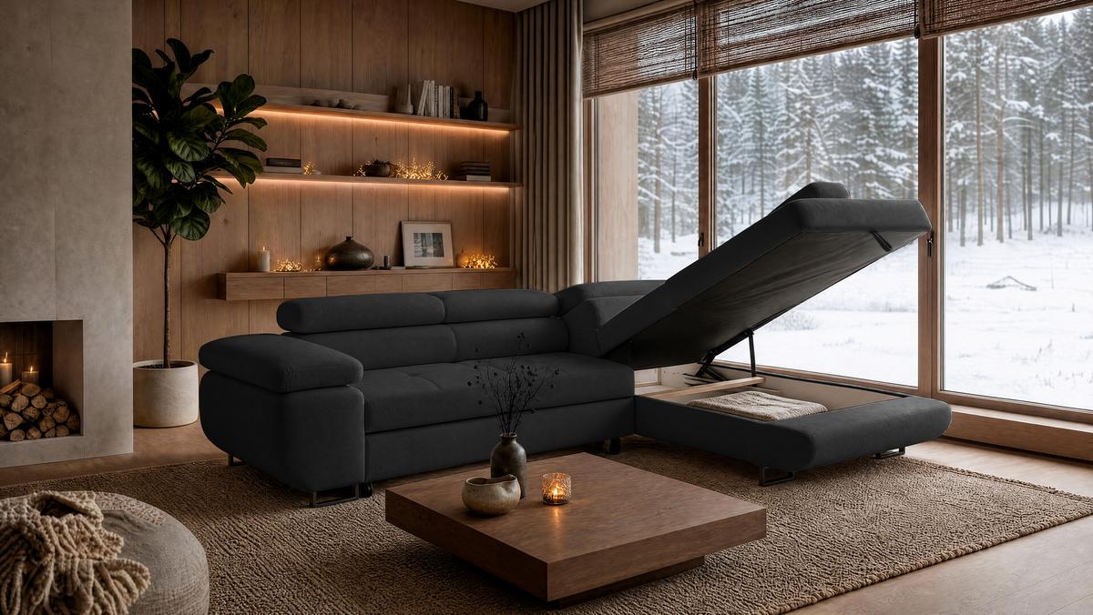 ECKSOFA Velmo mit Bettkasten und Schlaffunktion, verstellbaren Kopfstützen, in L-Form - Dunkelgrau, Textil (275/203cm)