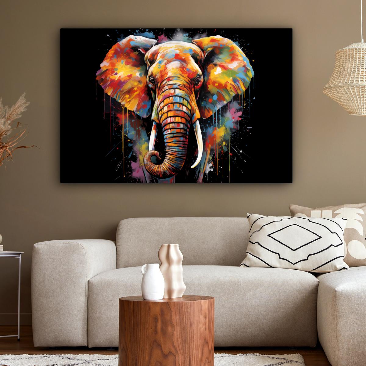 LEINWANDBILD Elefant - Graffiti - Schwarz - Tiere - Farben Groß 140x90 cm - Schwarz, Textil (140/90cm) - MuchoWow