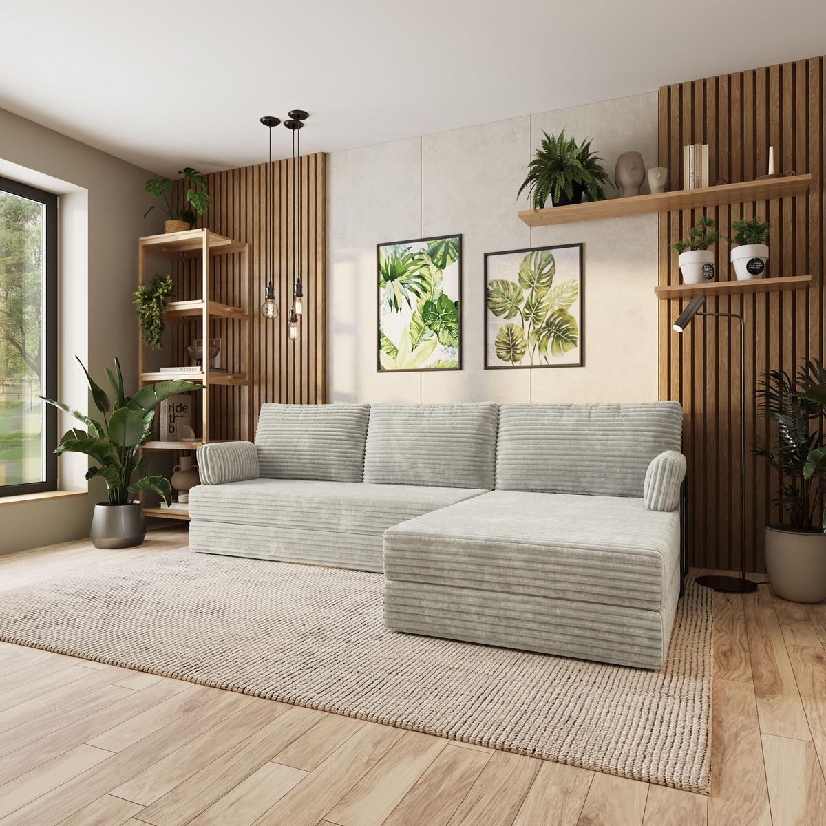 ECKSOFA ANKO modulares Boneless Sofa mit Schlaffunktion Hellgrau Kordstoff - Hellgrau, Textil (270/160cm) - MASSENO