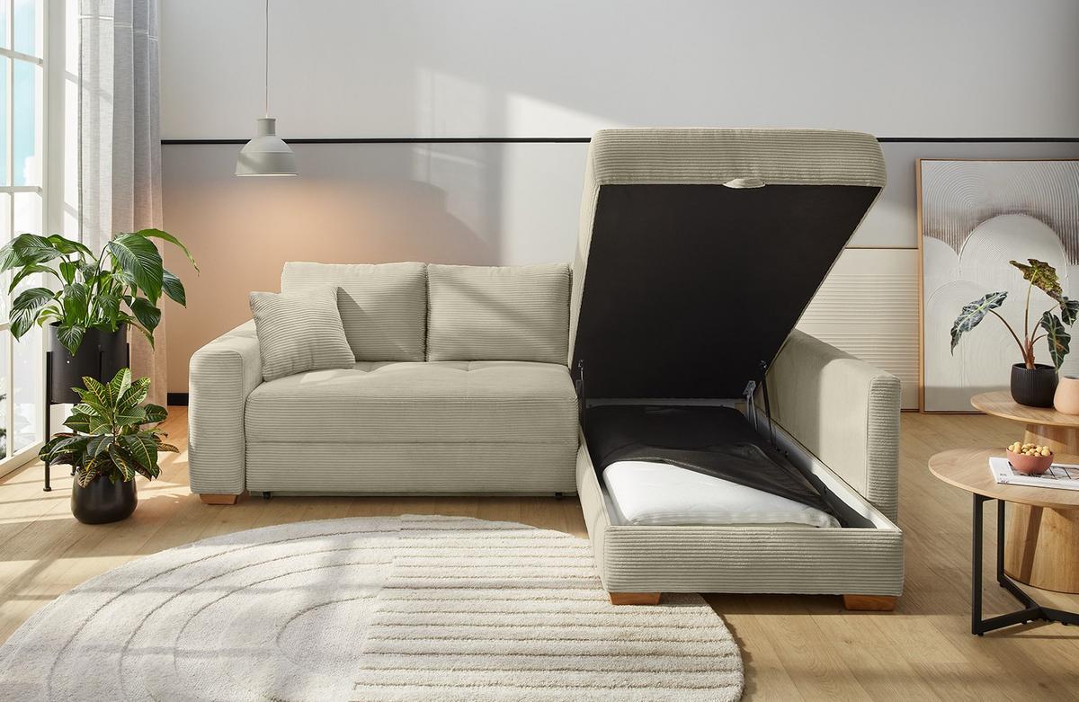 ECKSOFA-DAUERSCHLÄFER Boxspring Federkern Topper Bettkasten, seitenverkehrt montierbar B257/T206/H85 cm, Cord Beige Grau / 15212 - Greige/Eichefarben, Holz/Textil (257/206cm) - luma-home