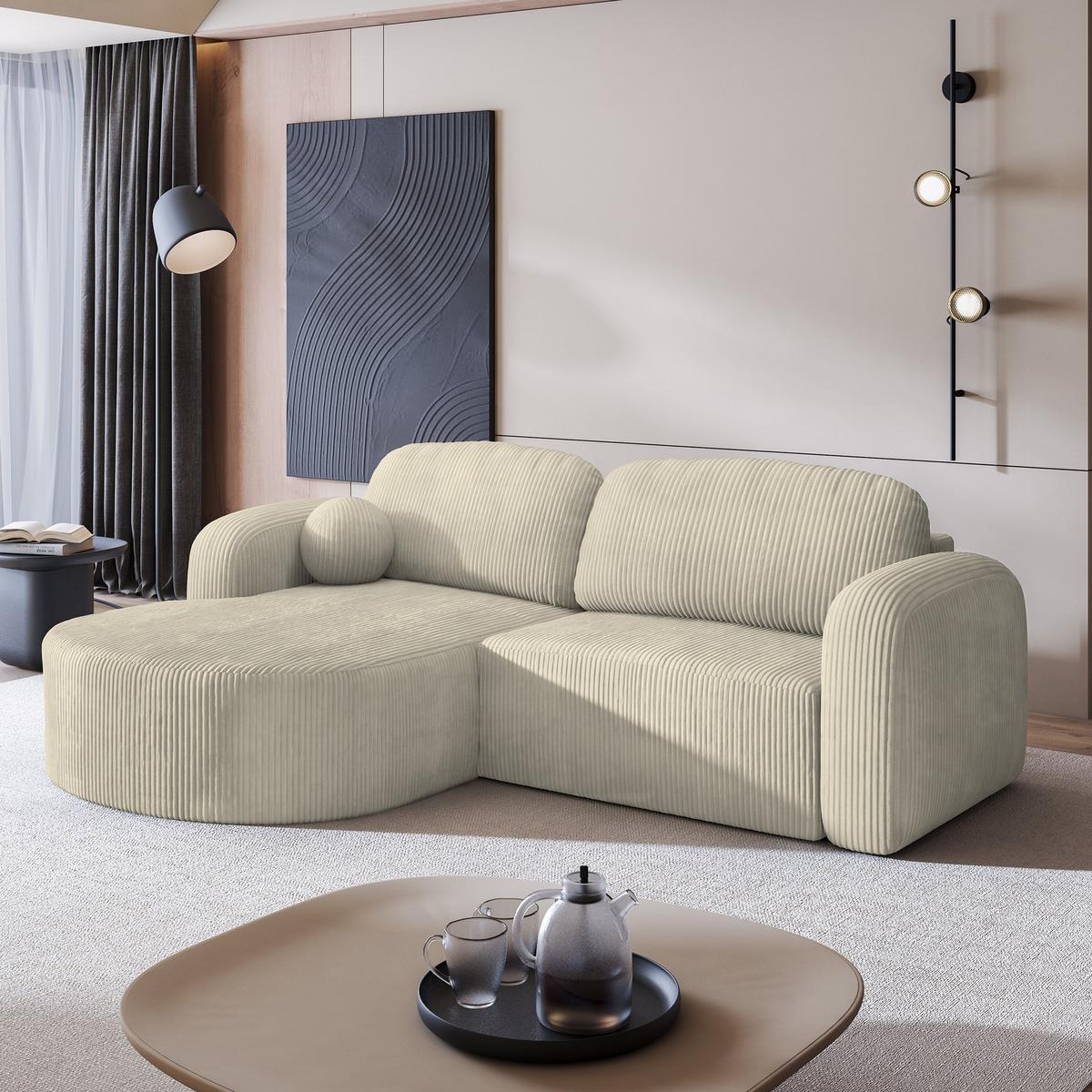 ECKSOFA AMILIA P L-S Creme Kordstoff mit Schlaffunktion - Creme, Holz (263/174cm) - MASSENO