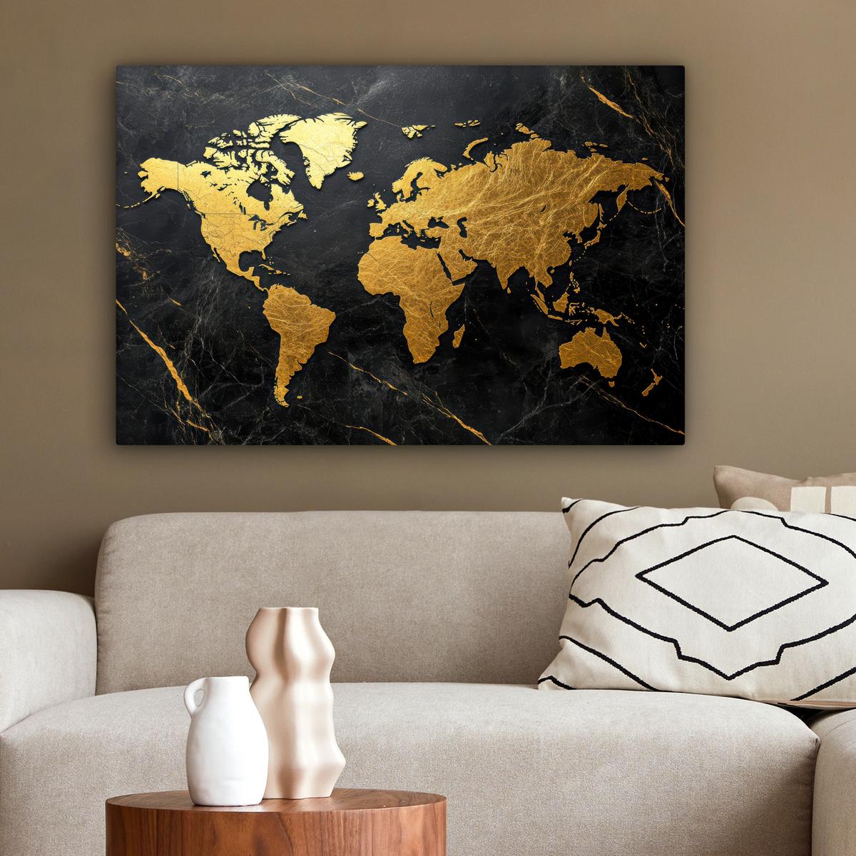 LEINWANDBILD Weltkarte - Gold - Marmor Gemälde 60x40 cm - Goldfarben, Textil (60/40cm) - MuchoWow