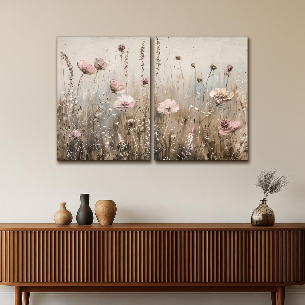 LEINWANDBILD 2er Set Blumen - Beige - Modern - Rosa 100x70 cm - Ecru, Textil (100/70cm) - MuchoWow