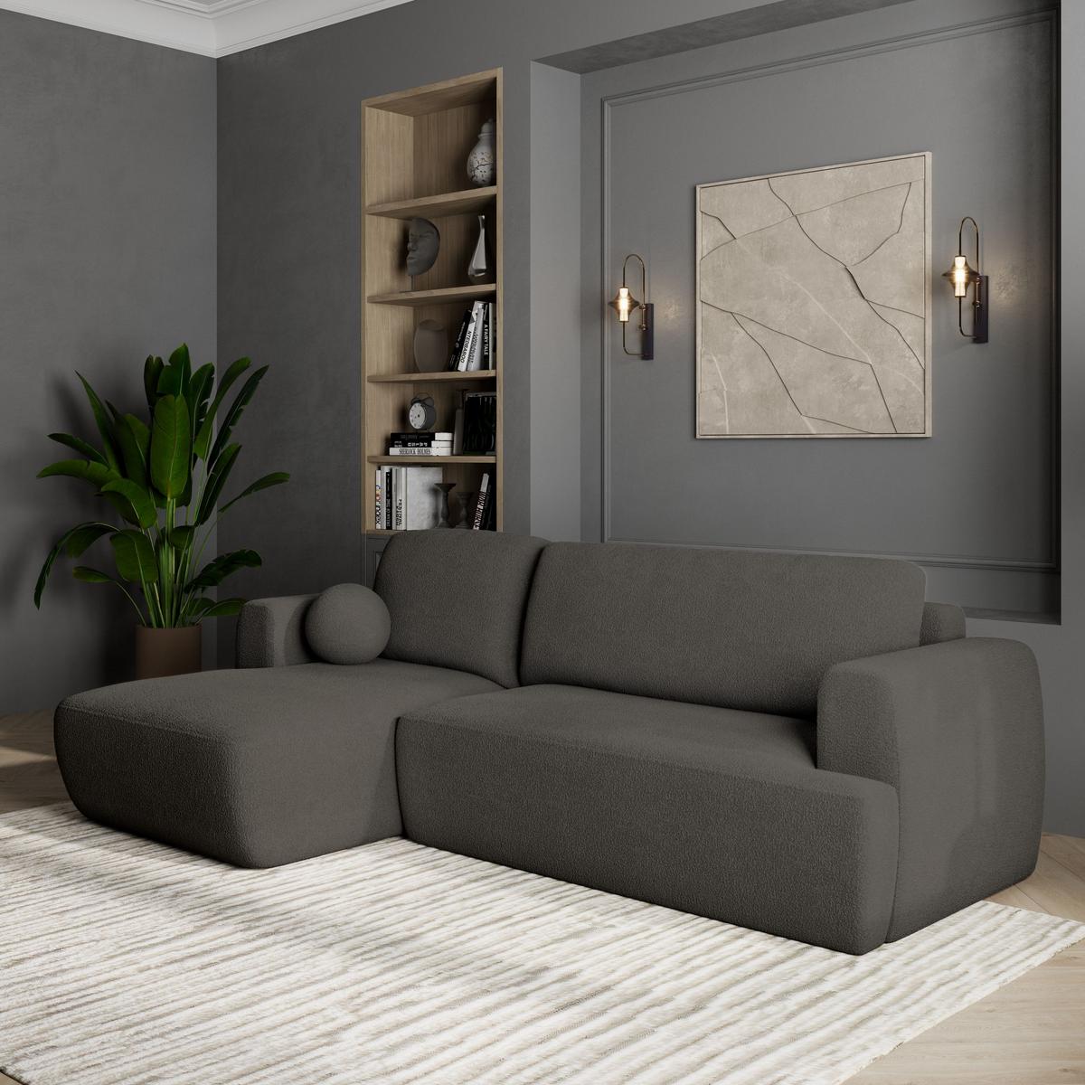 ECKSOFA SENTI N L-S Grau Boucle-Stoff mit Schlaffunktion - Schwarz/Grau, Holz/Kunststoff (246/148cm) - MASSENO
