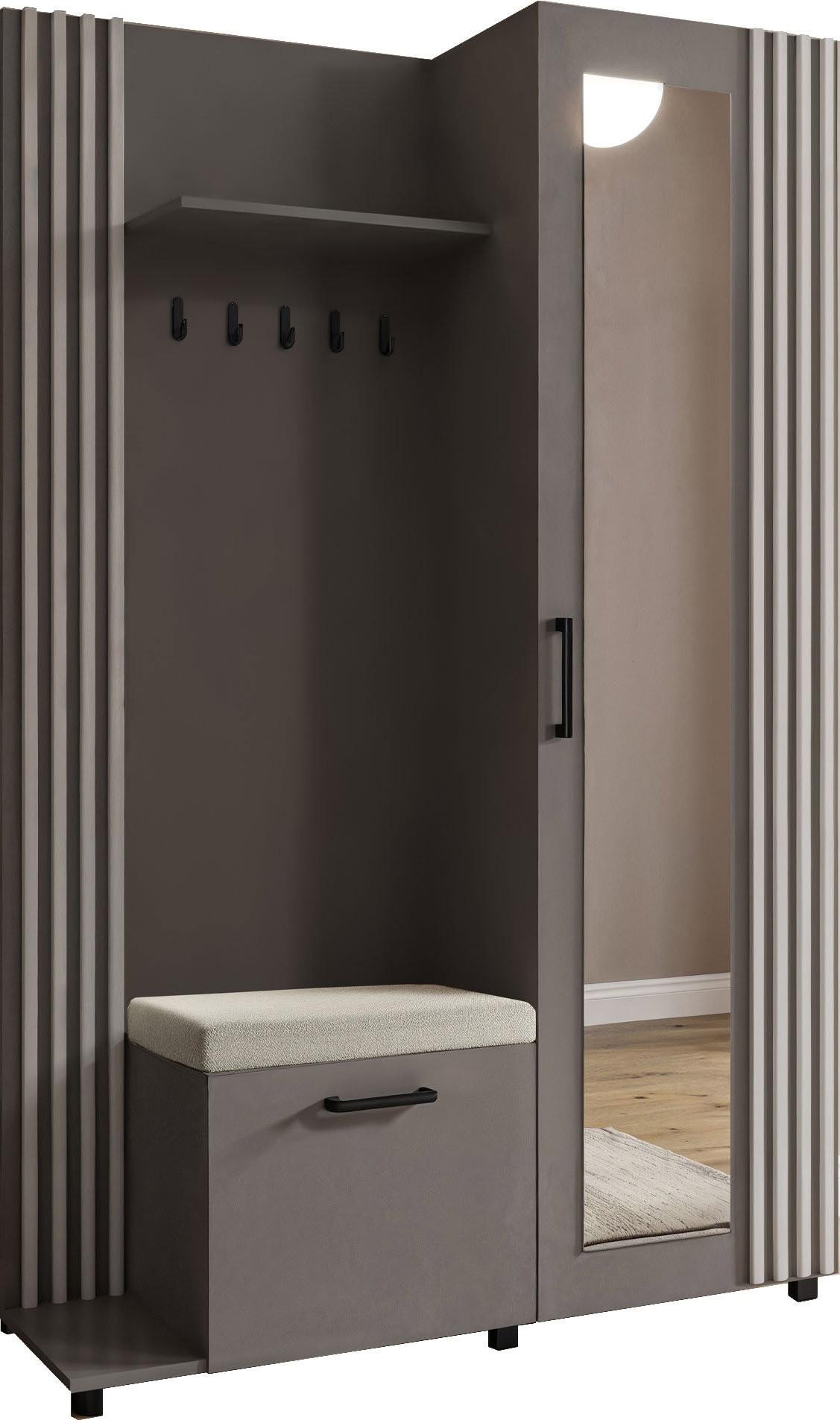GARDEROBE Linaro mit Spiegel, Sitzbank in Lamellen-Optik 137/207/42 cm, Links - Schwarz/Grau, Holzwerkstoff (137/207/42cm) - WFL GROUP