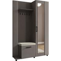 GARDEROBE Linaro mit Spiegel, Sitzbank in Lamellen-Optik 137/207/42 cm, Links - Schwarz/Grau, Holzwerkstoff (137/207/42cm) - WFL GROUP