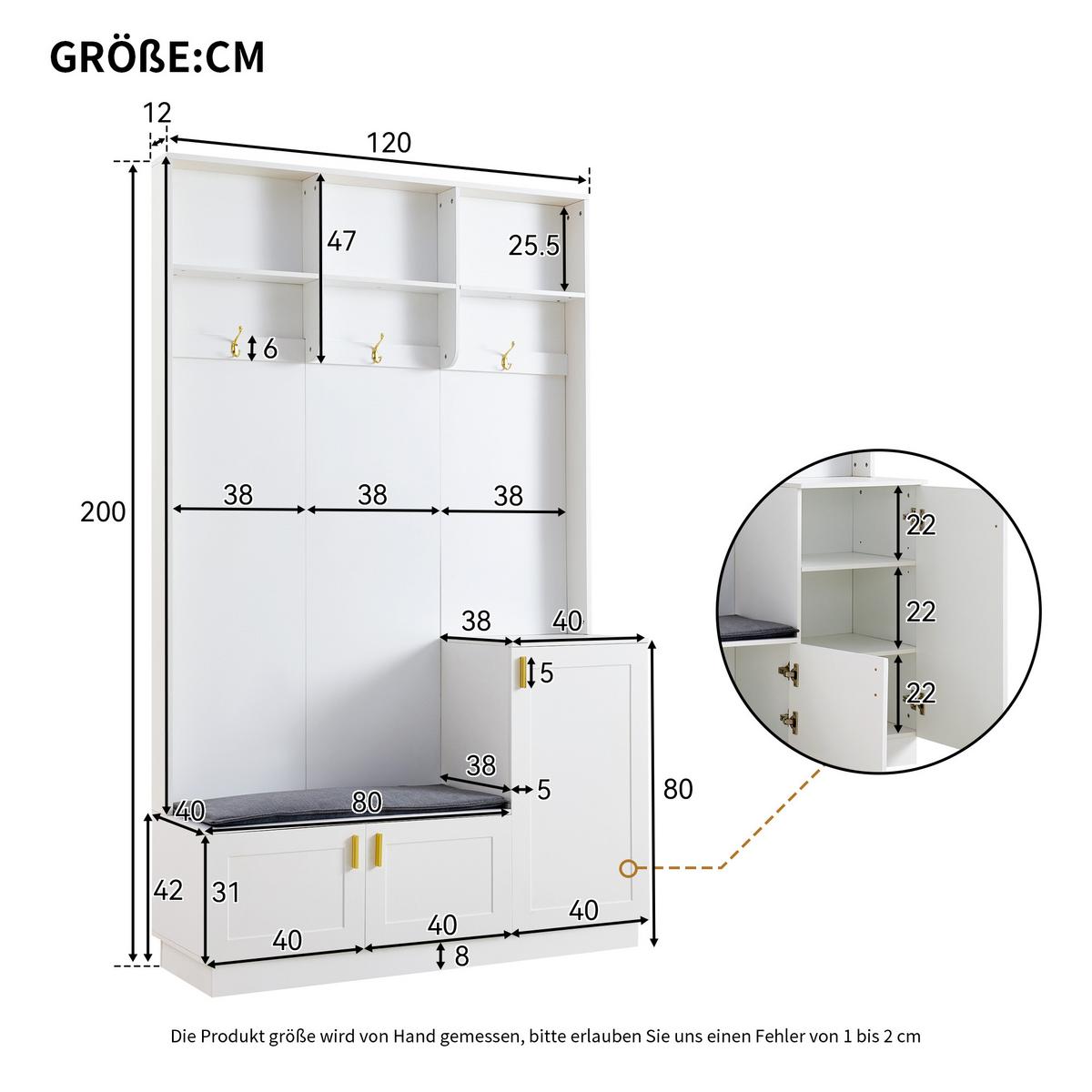 GARDEROBEN-SET 120 cm Weiß Hochglanz nkl. Schuhbank & 3 Haken - Weiß, Holzwerkstoff (120/200/40cm) - Urban Meuble