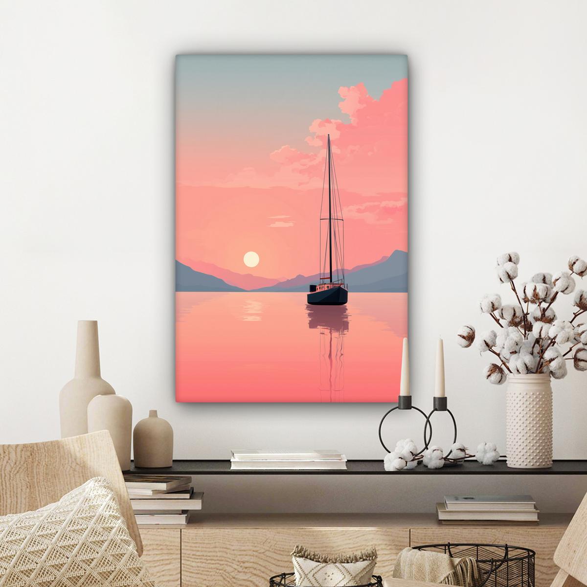 LEINWANDBILD Segelboot - Rosa Meer - Sonnenuntergang - Berge Wanddeko 40x60 cm - Rosa, Textil (40/60cm) - MuchoWow