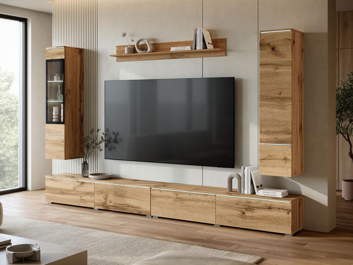 WOHNWAND Vera VIII mit weißer LED Beleuchtung - Eiche Wotan/Silberfarben, Holzwerkstoff/Kunststoff (300/130/33cm) - MIRJAN24