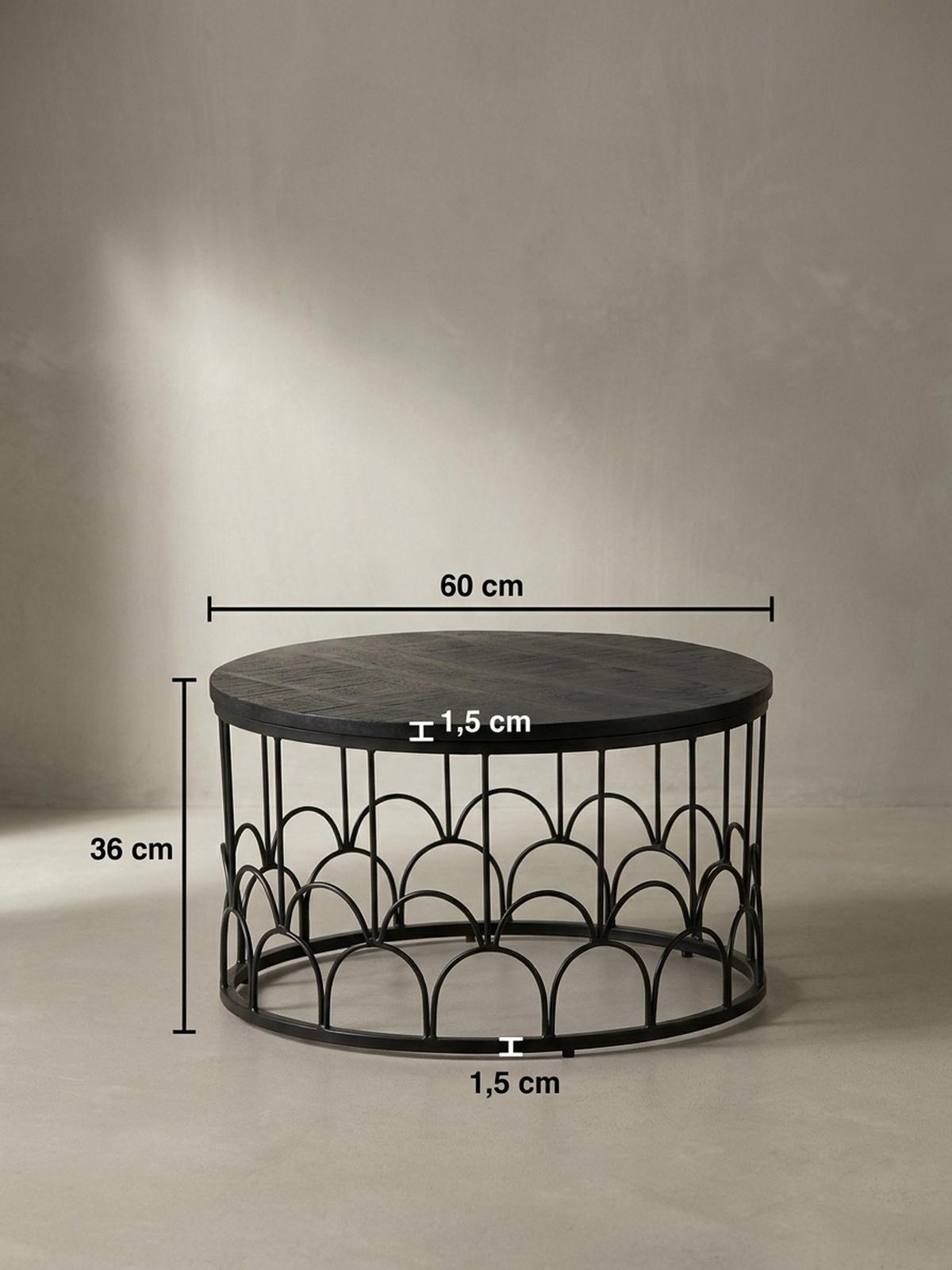 COUCHTISCH Rund in Schwarz aus Mango Massivholz mit Metallgestell, 60x60x36cm, Industrial Design - Schwarz, Holz/Metall (60/60/36cm) - KADIMA DESIGN