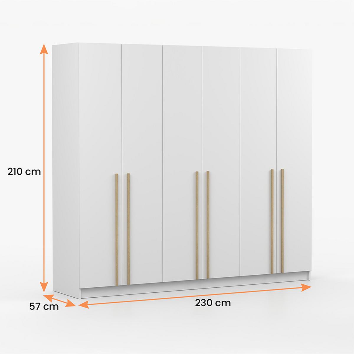 DREHTÜRENSCHRANK SEVILLA 6D 230 cm Weiß/Weiß, 6-türig, Holzgriffe - Eukalyptusholzfarben/Weiß, Holz/Holzwerkstoff (230/210/57cm) - imoebel24