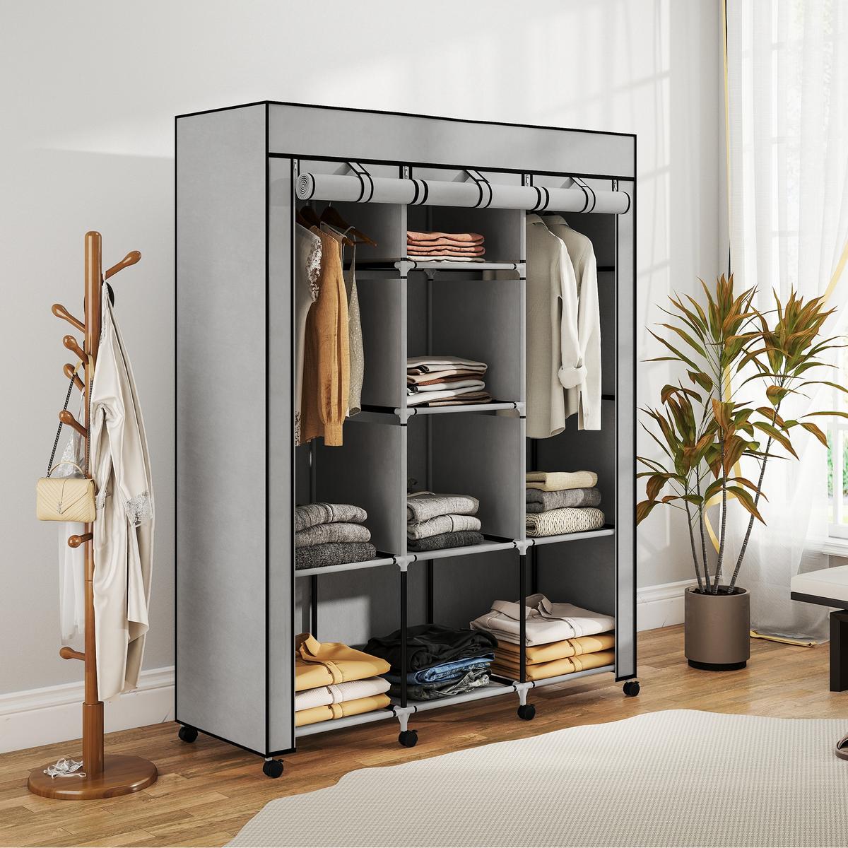 STOFFSCHRANK Faltschrank Kleiderschrank mit Kleiderstangen 8 Ebenen Hellgrau - Hellgrau/Schwarz, Kunststoff/Textil (43/162.5/125cm) - HOMCOM