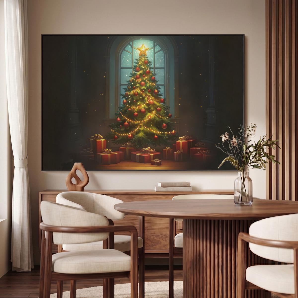 LEINWAND Bilder mit Rahmen - Weihnachtsbaum - Geschenk - Winter - 120x80 - Grün, Textil (120/80cm) - MuchoWow