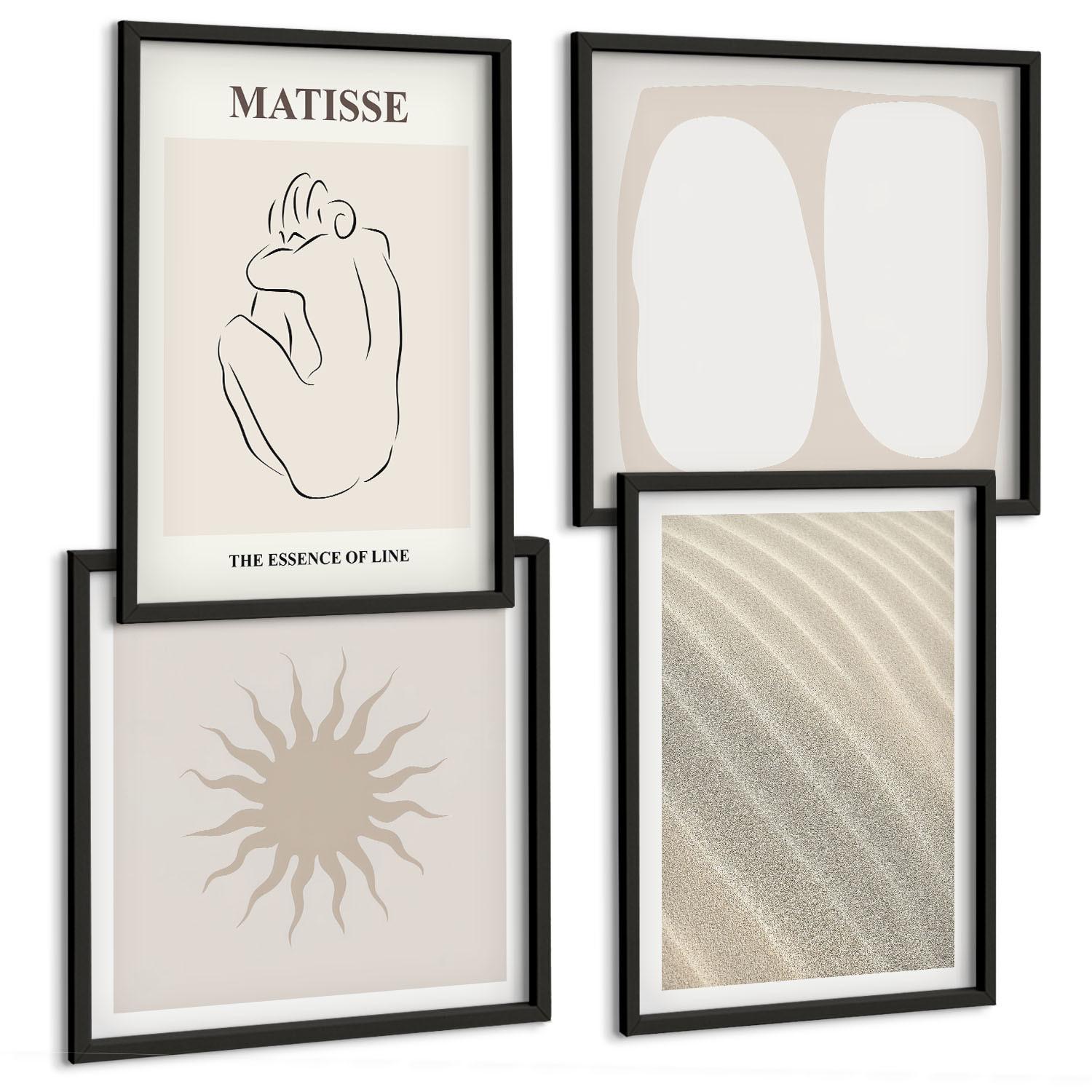 BILDER SET 4er Set - 50x50 cm & 40x60 cm Schwarzer Rahmen - Minimalistische Sandwellen - Schwarz, Kunststoff (50/50cm) - TULUP