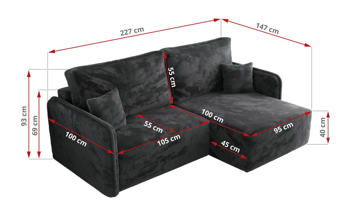 ECKSCHLAFSOFA MESTO L Dunkelgrau Plüsch - links - Dunkelgrau/Schwarz, Kunststoff/Textil (227/147cm) - MKS