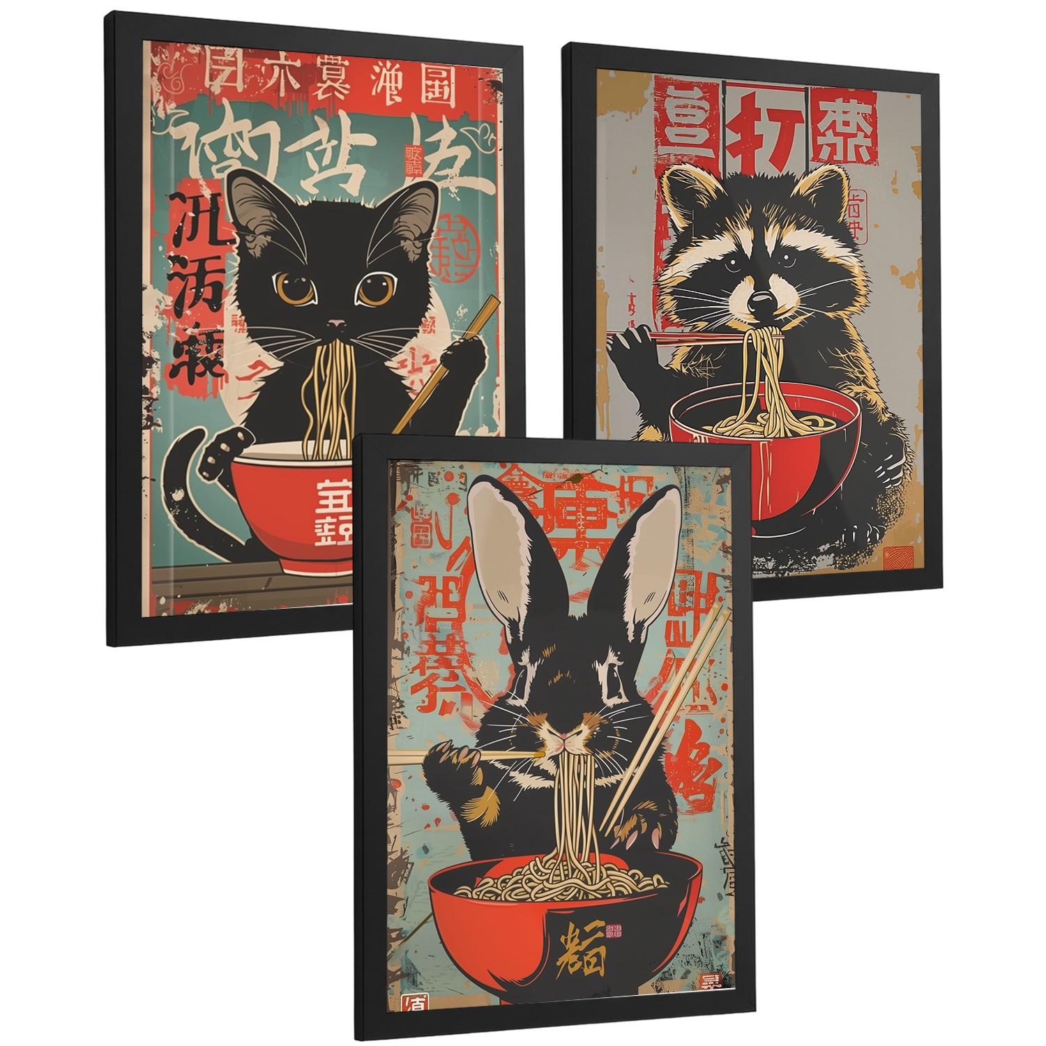 POSTER 3er Set Japanische Ramen Tier-Wandbilder Katze Waschbär und Hase Nudeln Küche Wanddeko Rahmenlos A4 - Schwarz, Papier (29.7/1/21cm) - Nacnic