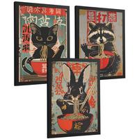 POSTER 3er Set Japanische Ramen Tier-Wandbilder Katze Waschbär und Hase Nudeln Küche Wanddeko Rahmenlos A4 - Schwarz, Papier (29.7/1/21cm) - Nacnic